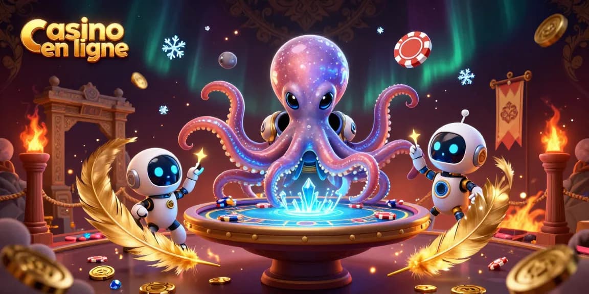 Jouez au casino en ligne avec des éléments captivants et un octopus robotique dans un environnement dynamique.