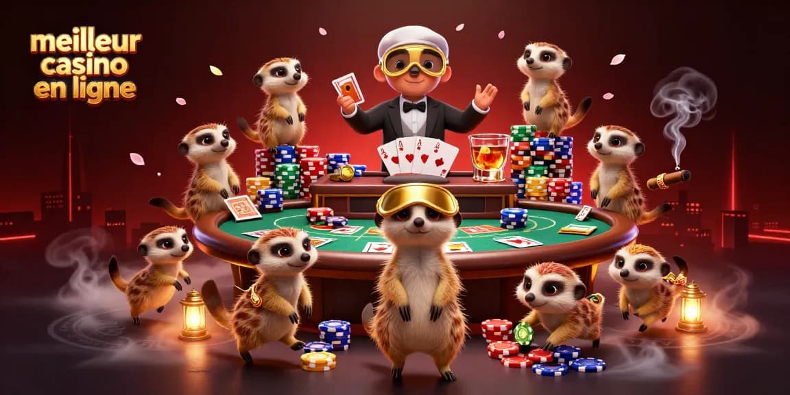 Les suricates gèrent un casino dynamique dans l'illustration "meilleur casino en ligne", illustrant l'animation du jeu.