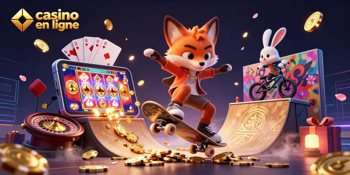 Des jeux de casino en ligne animés avec un renard skateboarder et un lapin BMX entre poker et machines à sous.
