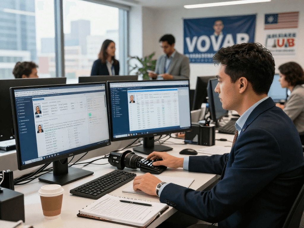 Strategist using predictive dialer political in modern office analyzing voter data.