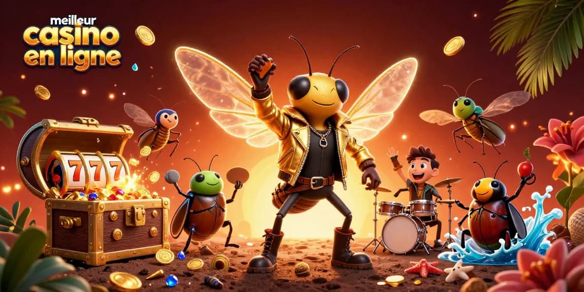 Visualisez le meilleur casino en ligne avec une rock star en cigale et un batteur scarabée animés.