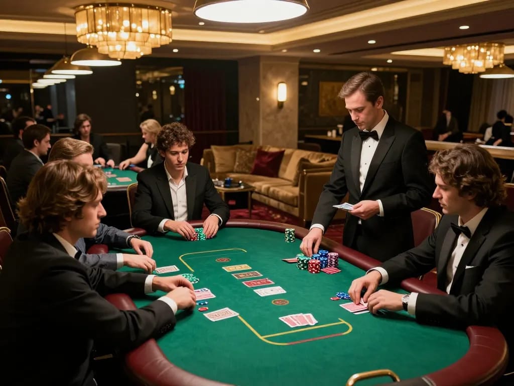 Players at FAFA 828 engage in strategic high-stakes poker action in a lavish VIP gaming area.