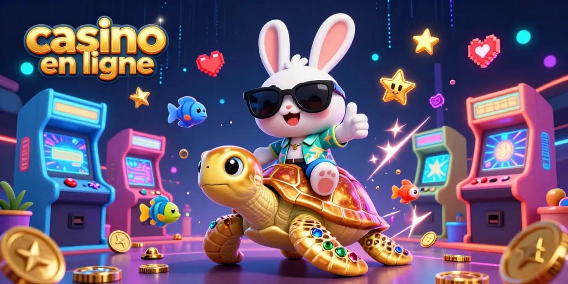 Animations de casino en ligne avec un lapin chanceux sur une tortue dorée et des poissons colorés.