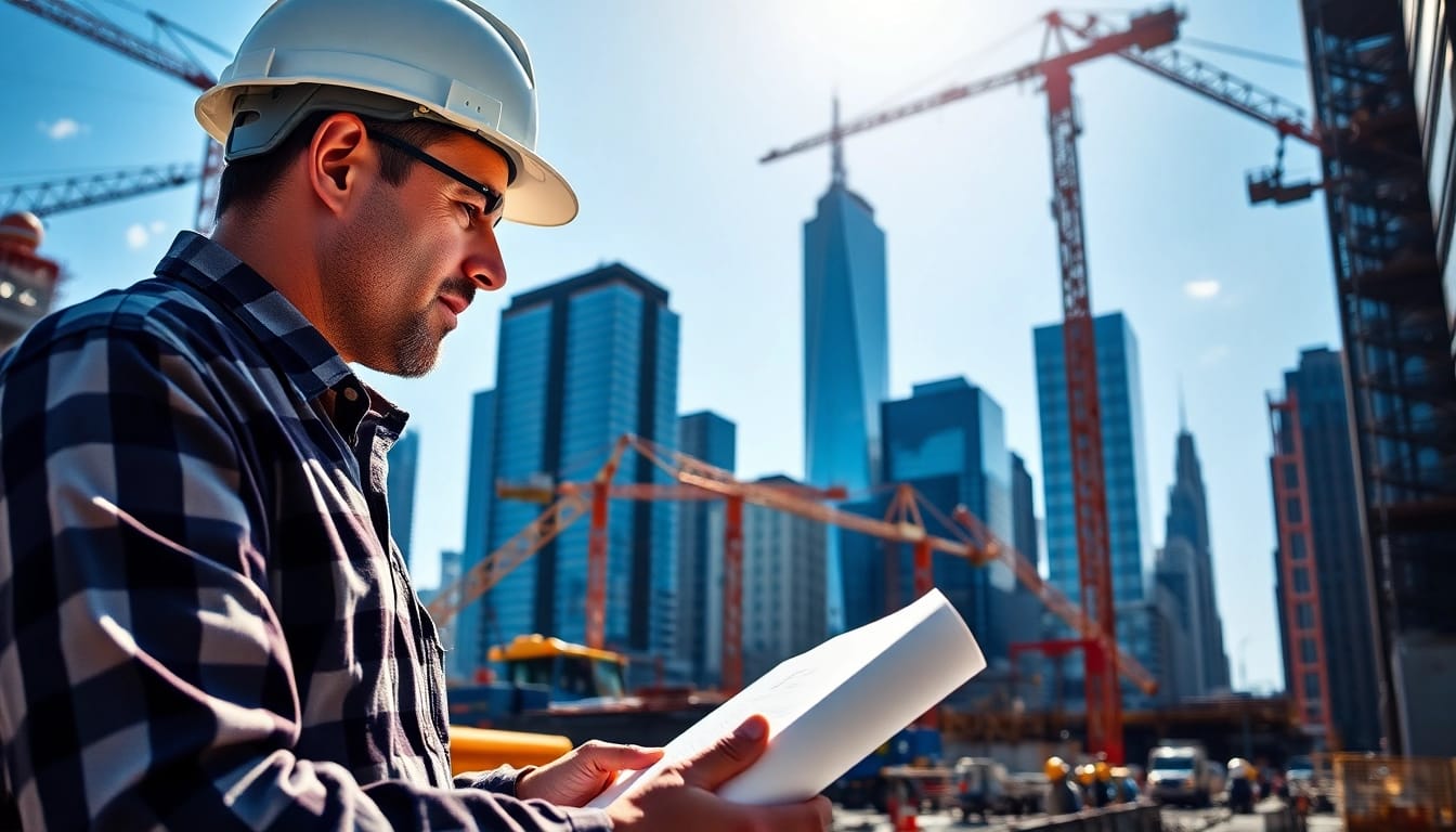 Engaged New York City General Contractor reviewing blueprints at a bustling construction site.