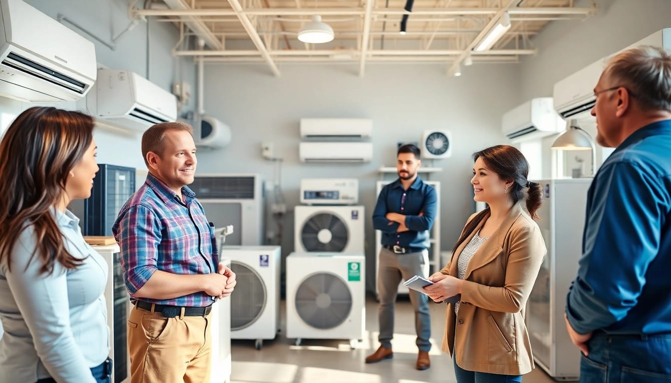 HVAC dealers providing expert assistance in a vibrant showroom filled with various heating and cooling systems.