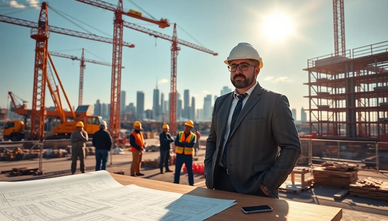 Construction developer leading a project at a construction site with blueprints in hand.