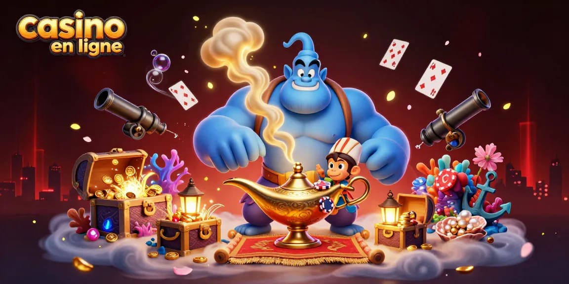 Plongez dans un casino en ligne captivant avec notre illustration dynamique d'un génie émergeant d'une lampe magique, entouré de trésors.