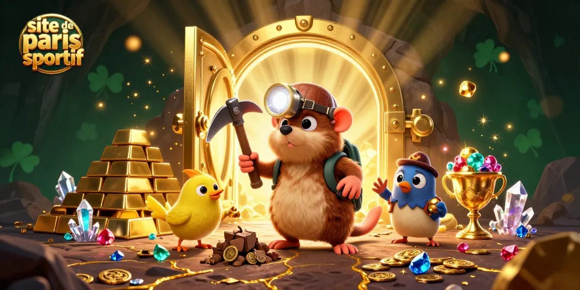 Plongez dans l'univers du site de paris sportif avec un mole chassant des trésors entouré de gemmes et d'or.