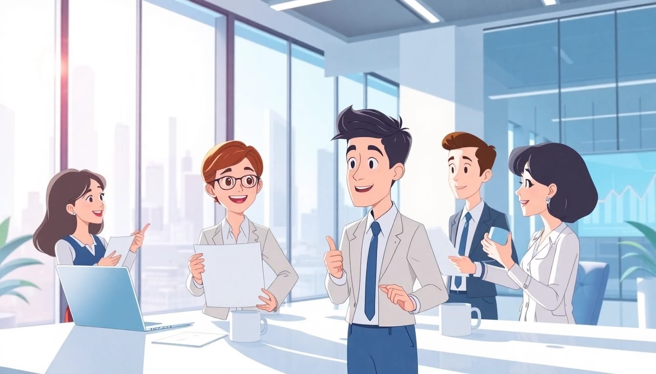 Unternehmensanimation im modernem Büroumfeld mit kreativen Geschäftspräsentationen.