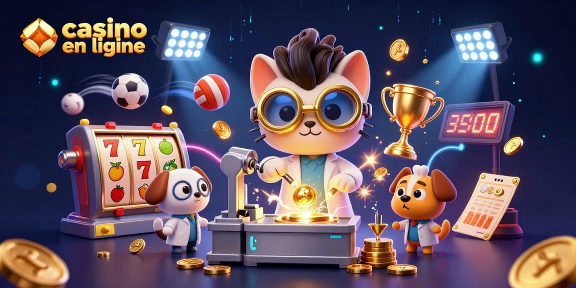 Les jeux au casino en ligne avec un chat scientifique fou et son assistant chien créent une machine à pièces d'or.