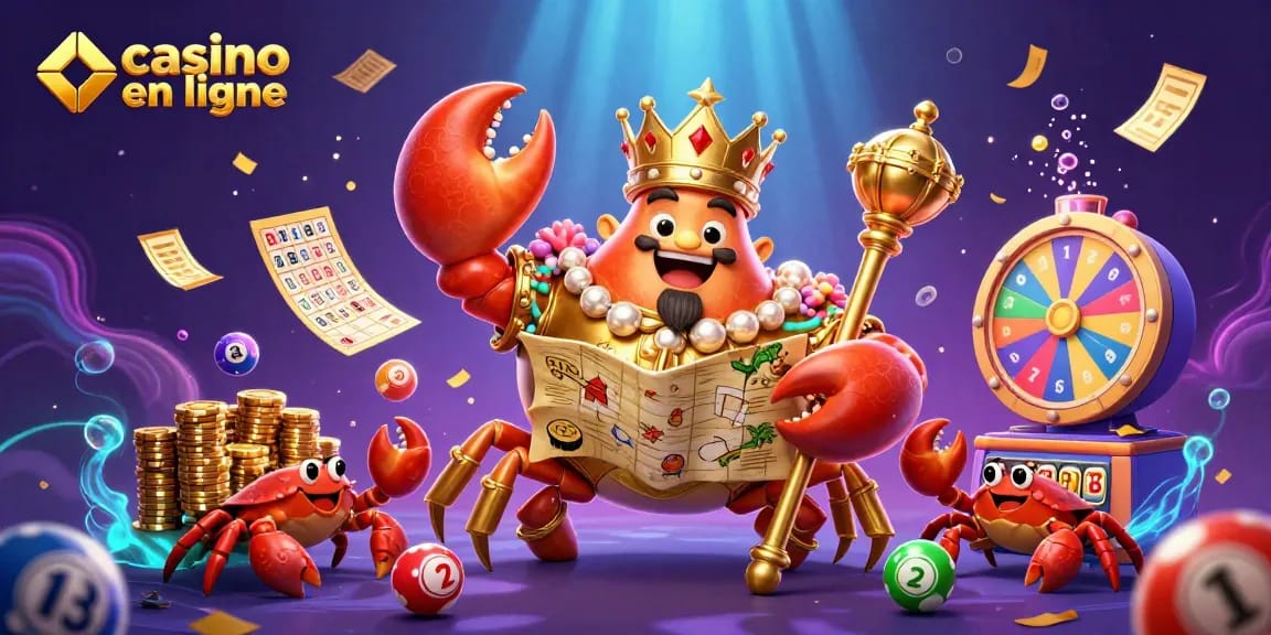 Jouez au casino en ligne avec des éléments ludiques et un crabe doré entouré de billets et de ballons.
