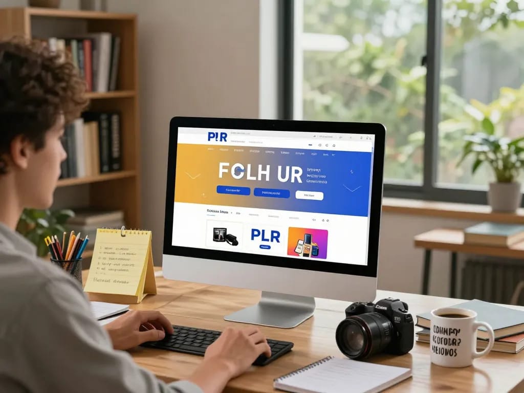 Buy PLR Products Online in a vibrant home office setting, showcasing a person browsing digital content excitedly.