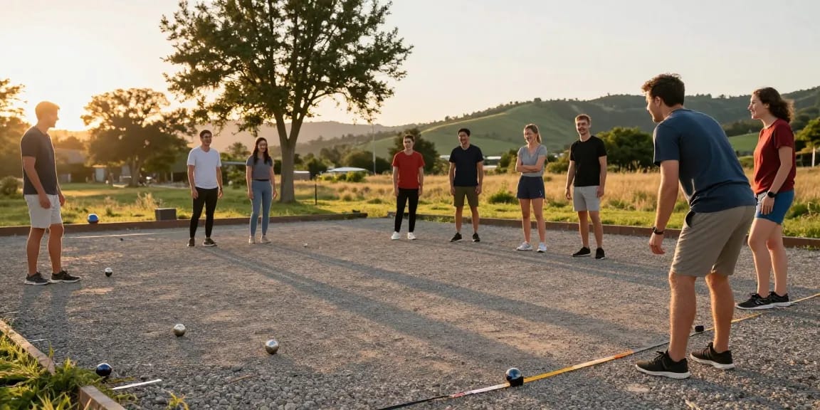 Aktivitas bermain petanque di fopikotatomohon.org selama senja, kelompok teman bersenang-senang di lapangan.