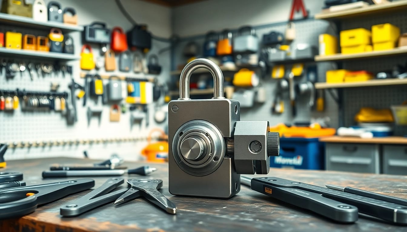 Locksta Sicherheitssystem auf einem Arbeitsplatz, umgeben von Werkzeugen und Sicherheitsgeräten.