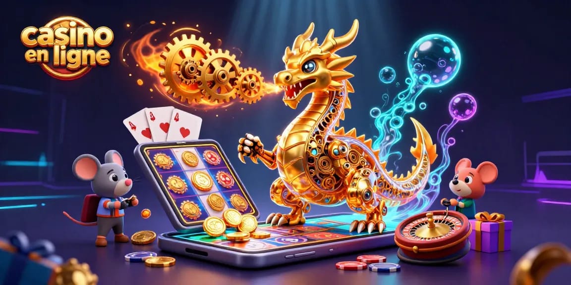 Image d'un dragon mécanique doré inspiré des casinos en ligne, entouré de jeux d'argent amusants.