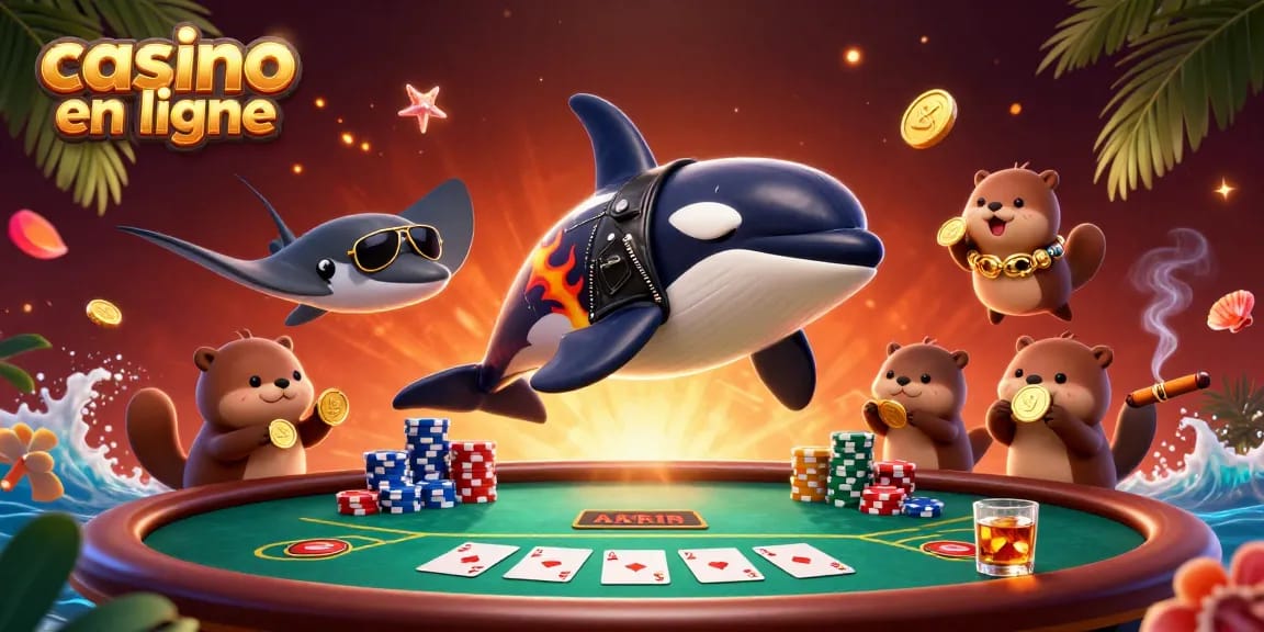 Jouez au casino en ligne avec l'orque, la raie et les loutres entourées de jetons et de cartes.