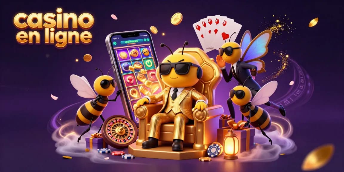 Plongez dans le monde du casino en ligne avec ce chef de mob bumblebee entouré d'éclats dorés.