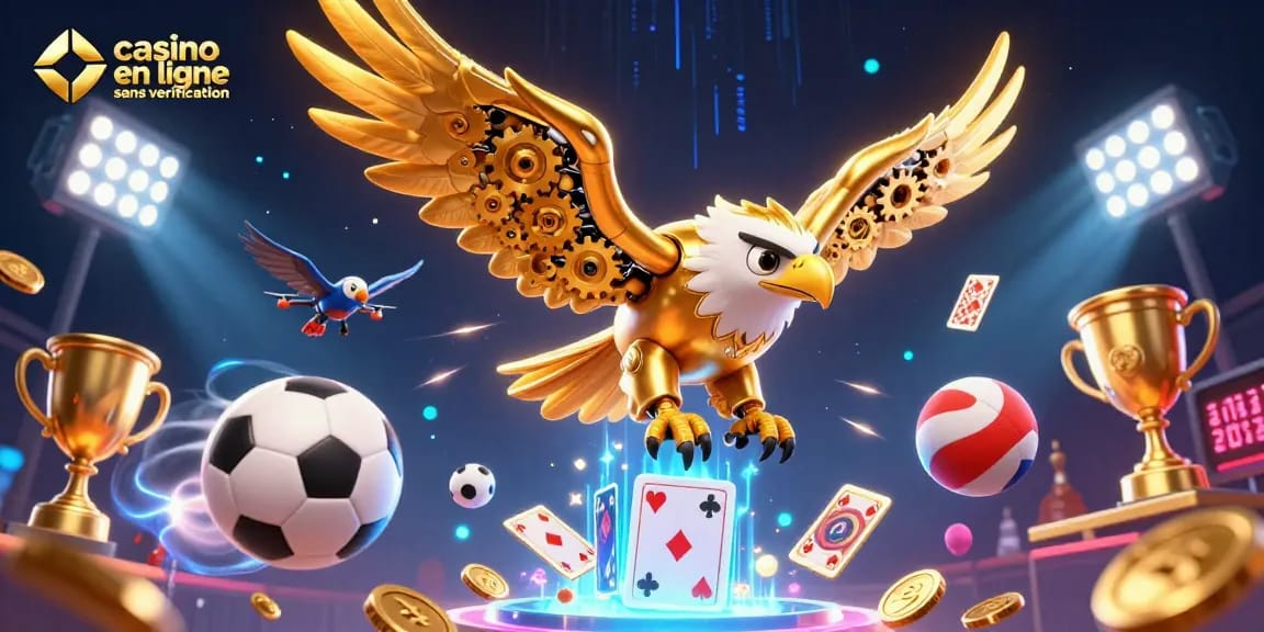 Plongez dans l'univers des casinos en ligne sans vérification avec cette illustration d'un aigle cybernétique et des éléments de jeu.