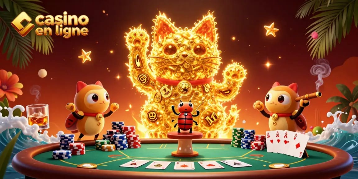 Scène animée avec un chat porte-bonheur en forme de feu follet pour un casino en ligne.