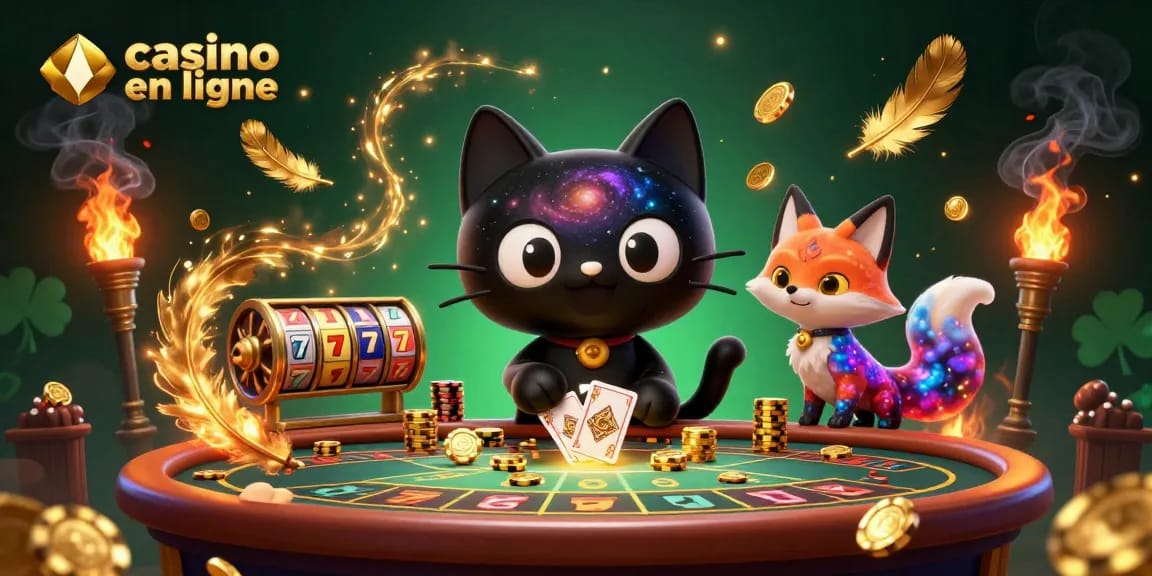 Casino en ligne: Plongez dans un univers cosmique de jeux avec notre chat trou noir attirant les jetons d'or.