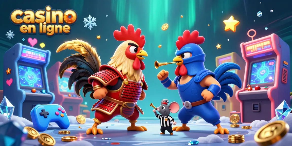 Visitez casino en ligne avec un duel de coqs en armure et des éléments de jeu colorés.