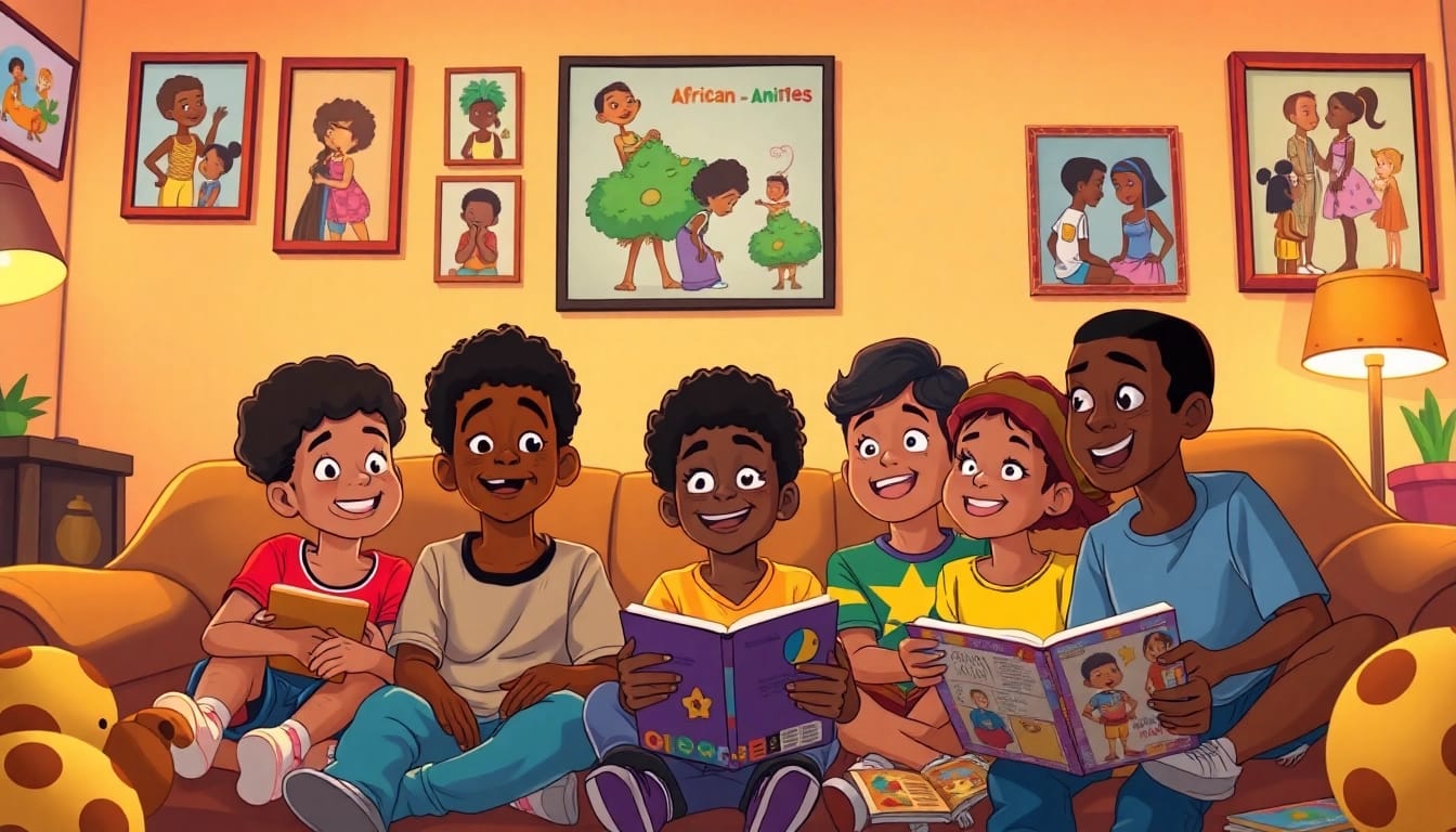 Diverse children enjoying African American cartoons in a cozy living room environment.
