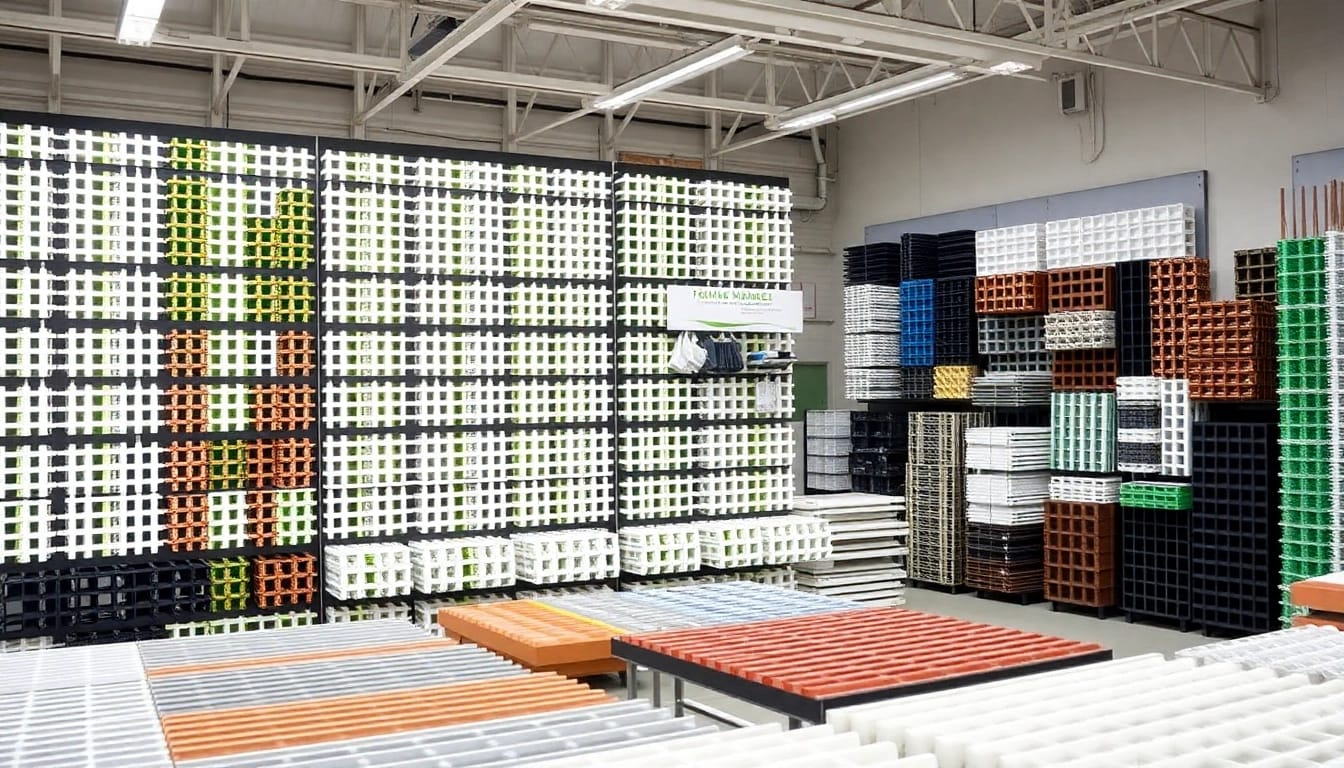GRP Grating Supplier displaying a variety of fiberglass grating products in an inviting showroom.