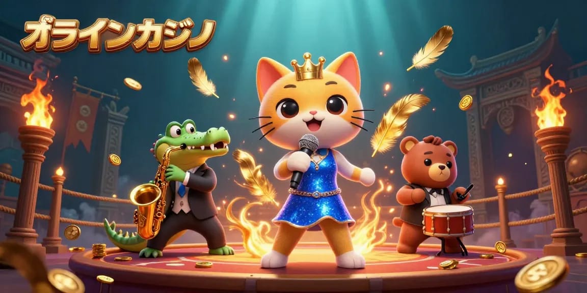 オンラインカジノでの楽しい瞬間、猫のジャズシンガーが舞台で歌い、クロコダイルとクマの子供が楽器を演奏。