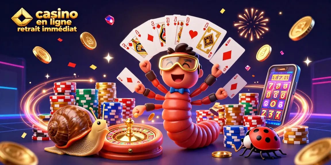Visualisation dynamique d'un casino en ligne retrait immédiat avec des personnages animés et des éléments de jeu captivants.