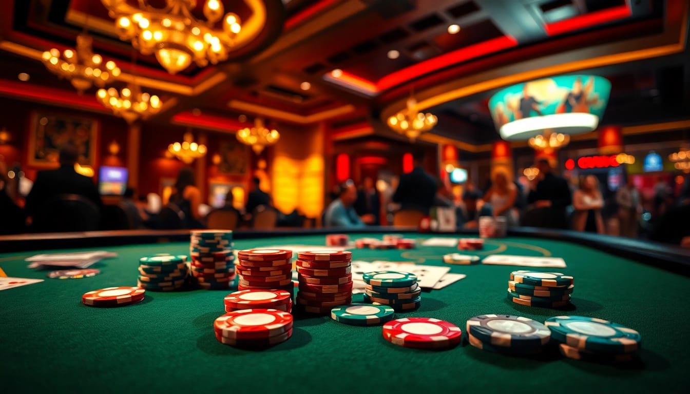 Menangkan permainan di PLANET77 dengan meja judi mewah penuh chip dan kartu poker.