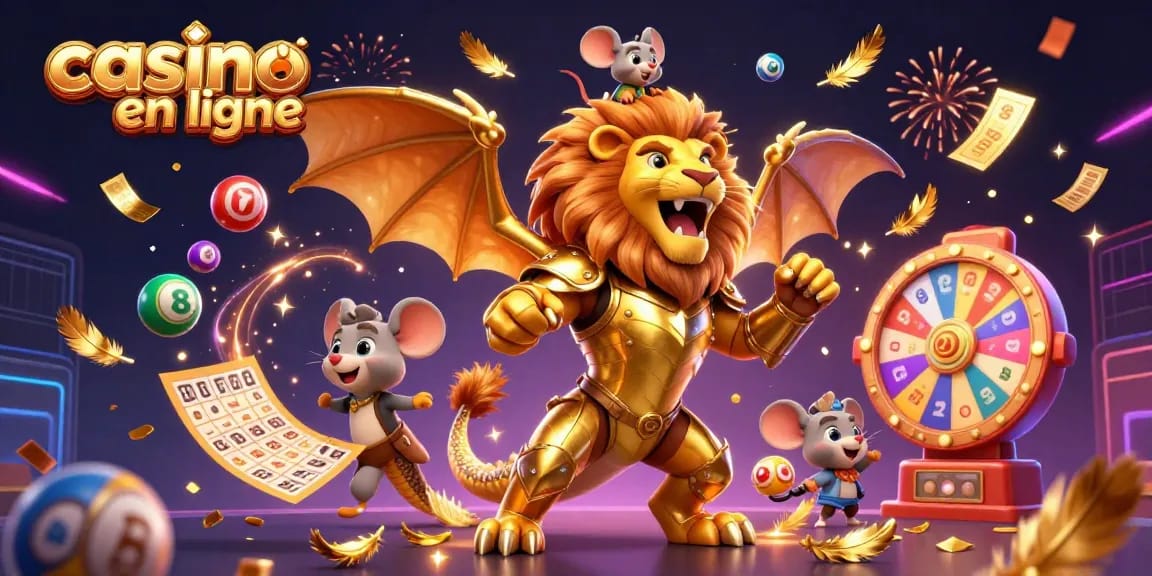 Plongez dans l'univers dynamique du casino en ligne avec cette illustration captivante, mettant en avant des éléments emblématiques tels que des boules de loterie colorées et une chimère héroïque.