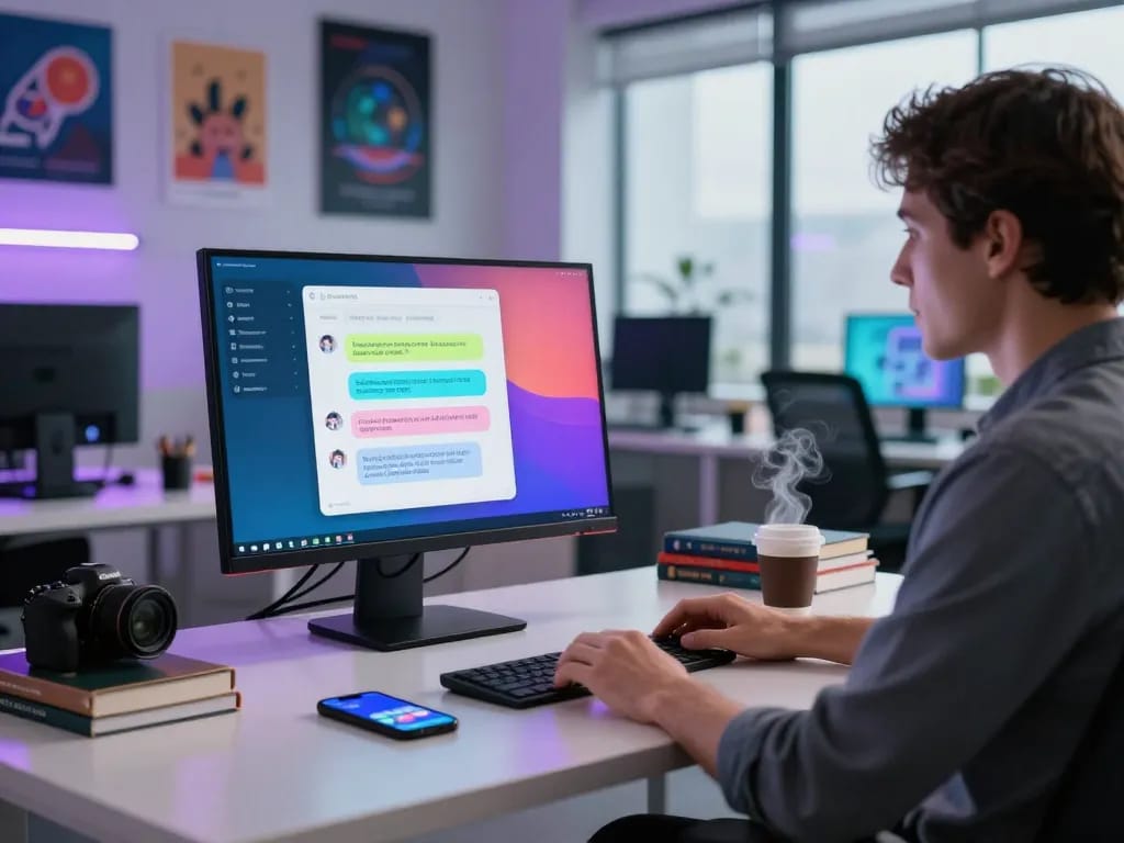 Engaging ai chat porn experience in a modern workspace with vibrant interaction elements.