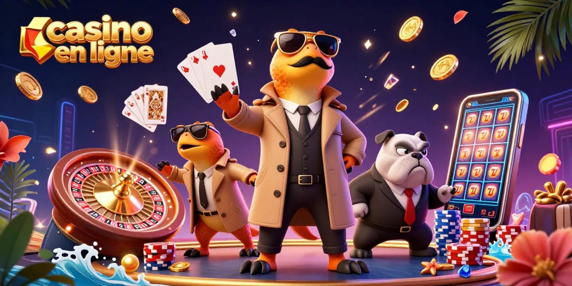 Jouez au casino en ligne avec des raptors déguisés, mettant en avant des pièces d'or et des jeux dynamiques.