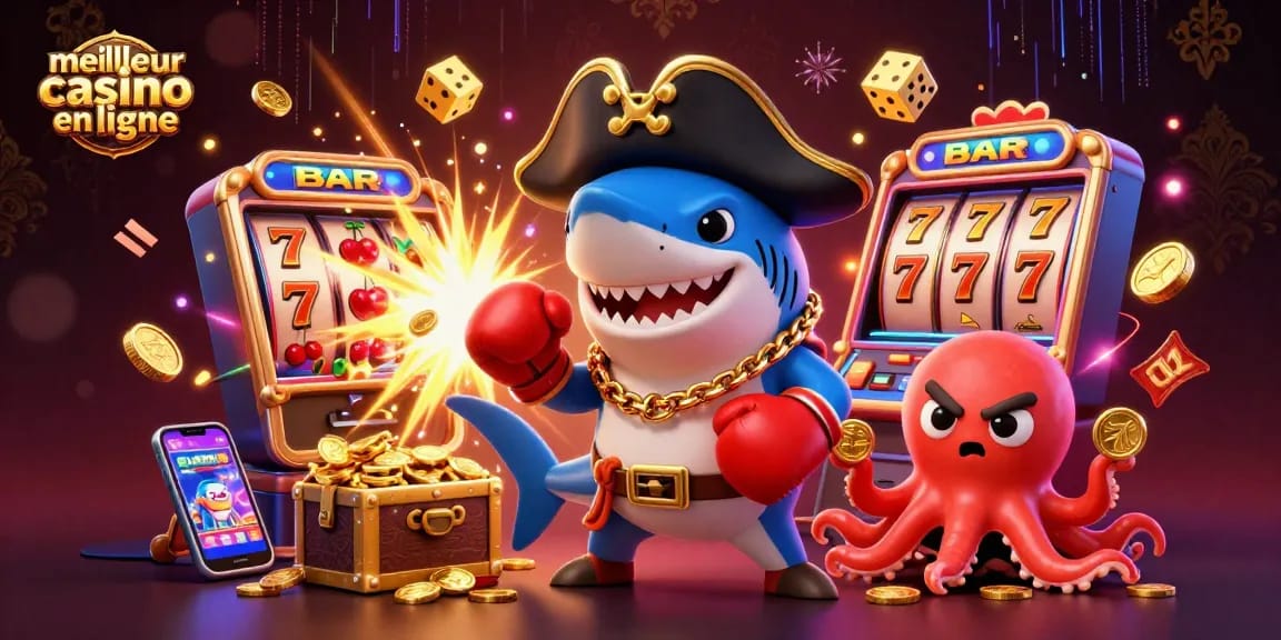 Illustration dynamique du meilleur casino en ligne avec un requin pirate et des jeux de machines à sous