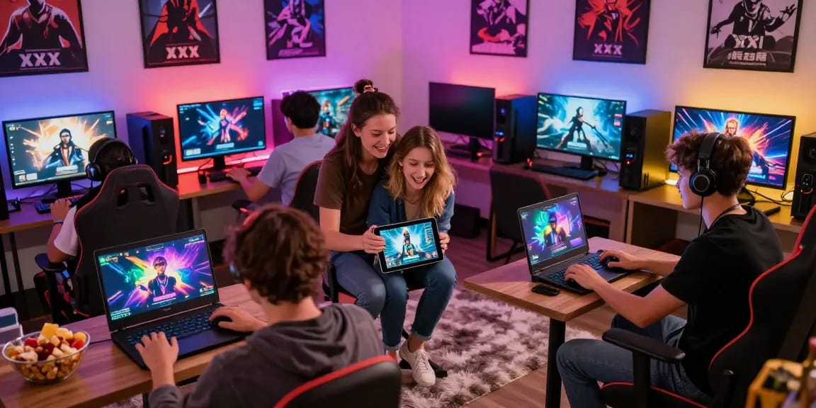 Engaging players enjoying xxx games online in a vibrant gaming lounge.