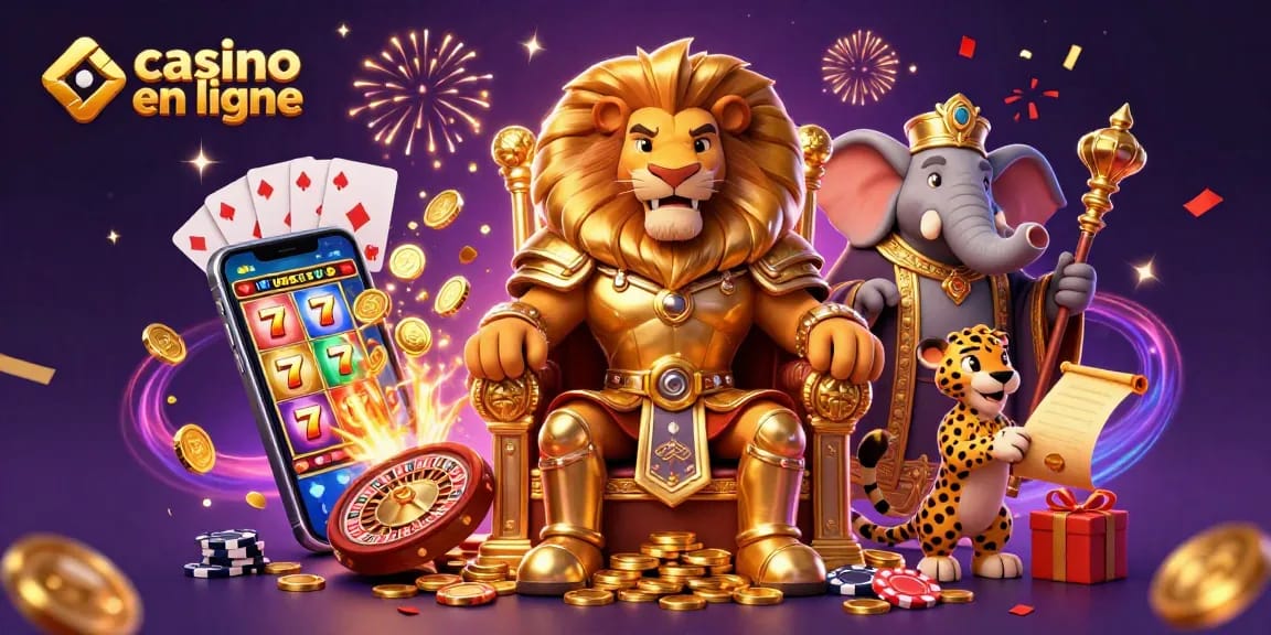 Le roi lion et ses conseillers au casino en ligne, entourés de jeux et de confettis.