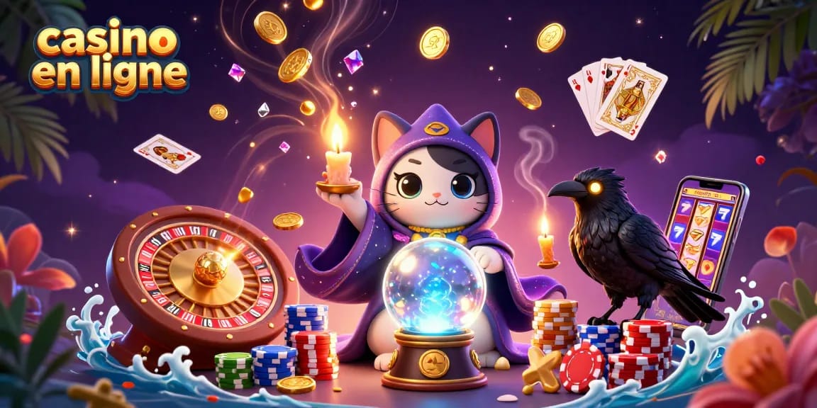 Attirez la chance avec ce casino en ligne illustré par une mystérieuse chatte et un corbeau.
