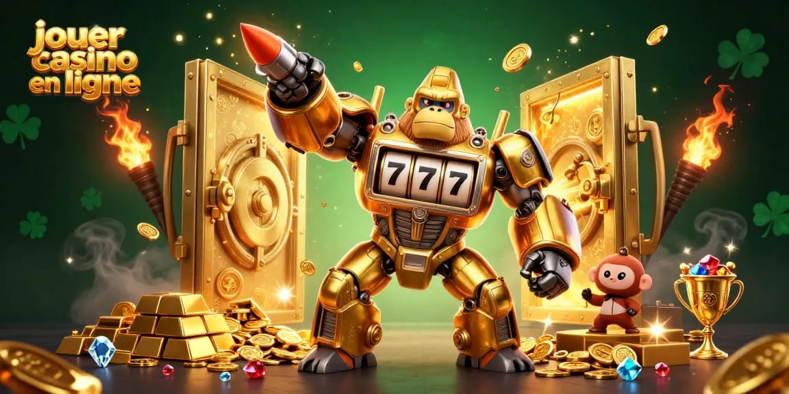 Jouer au casino en ligne avec un gorille mech en or explosant de pièces et des trésors scintillants.