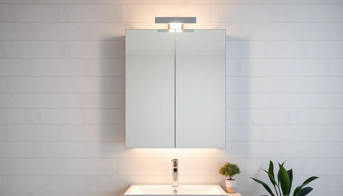 Bright mirrored bathroom cabinet with light reflecting elegance in a stylish bathroom.