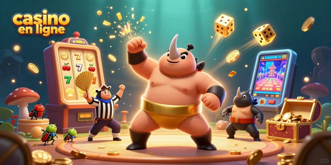 Le casino en ligne s'anime avec un spectacle dynamique d'un scarabée sumo champion parmi des jeux et des effets lumineux.