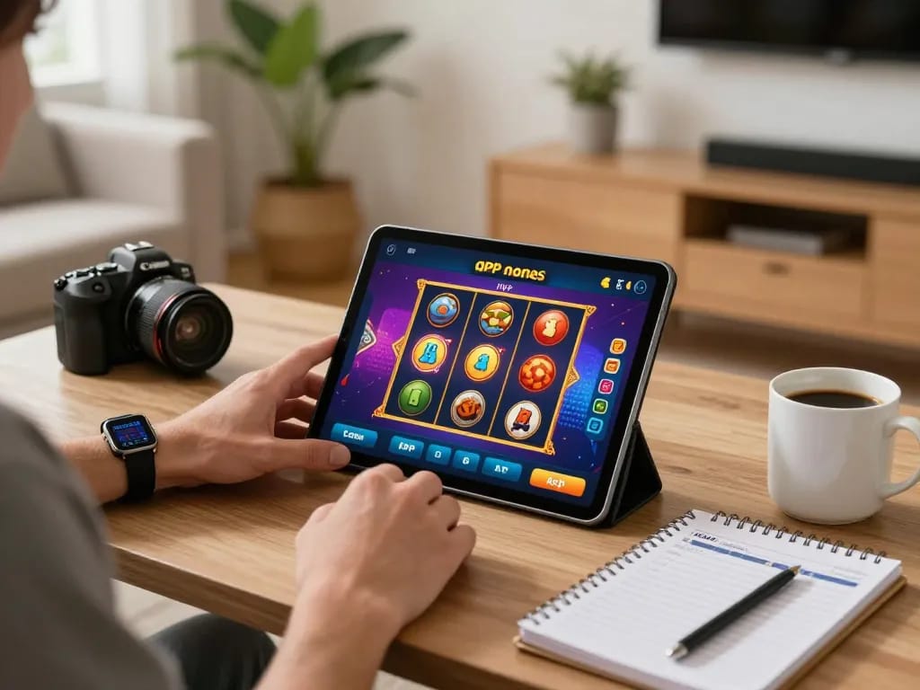 Player enjoying apk slot games on tablet in cozy home environment, emphasizing responsible gaming.