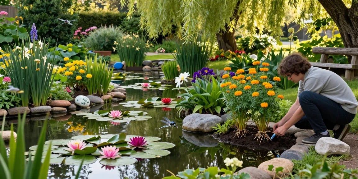 Vibrant British Pond Plants flourishing in a tranquil pond garden setting with a person tending to water lilies.