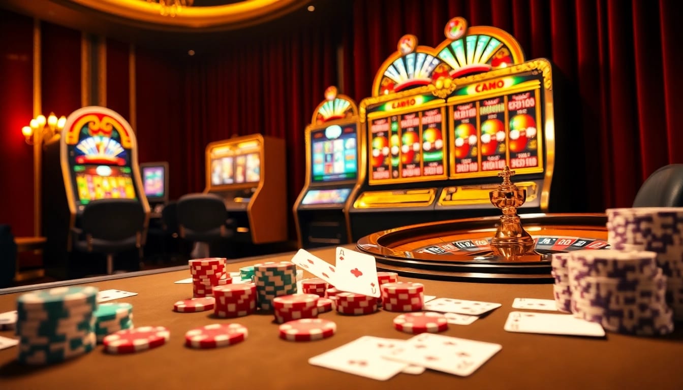 Experience thrilling moments at the casino with vn168, featuring vibrant poker chips and roulette wheels.