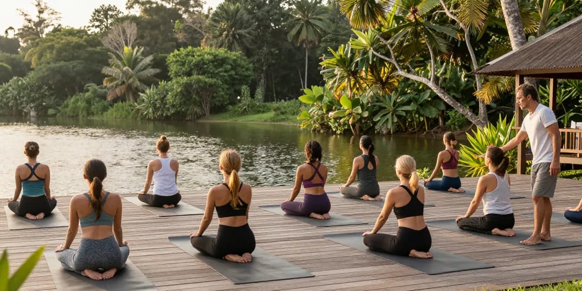 Engaged yoga practitioners at Lanka Yoga retreat, enjoying a tranquil morning flow.