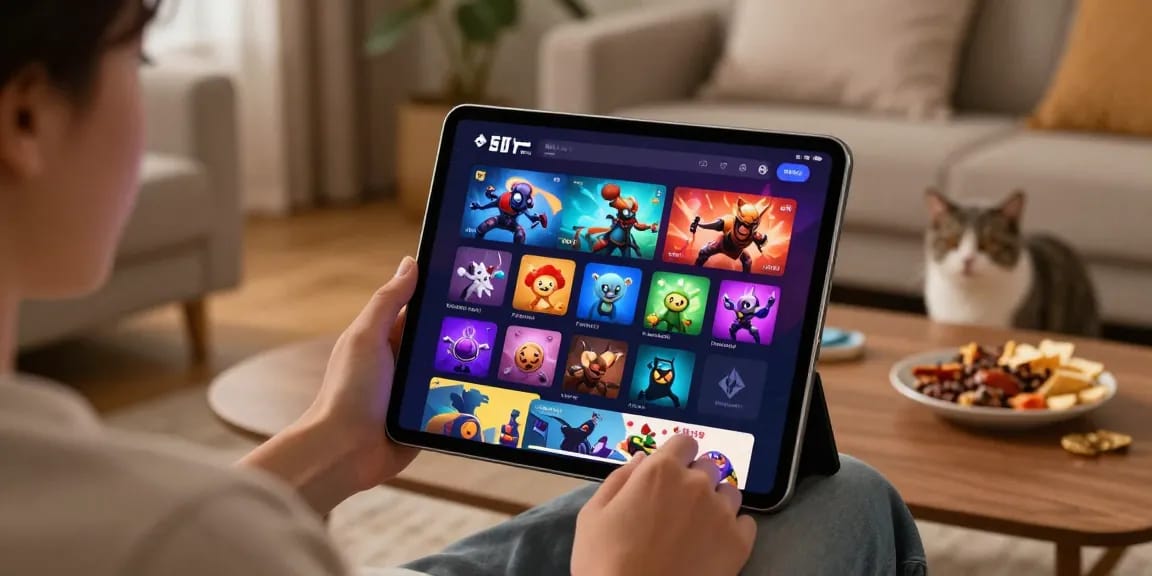 Pengguna menikmati cipung138 di tablet dengan berbagai permainan interaktif di ruang tamu yang nyaman.