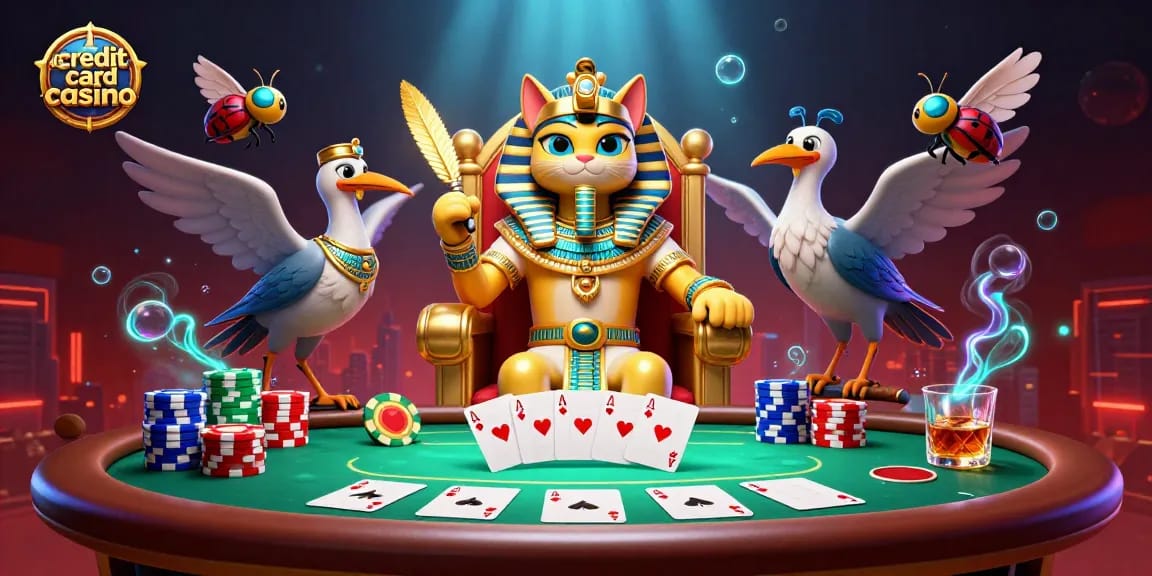 Experience thrilling gameplay at a credit card casino with vibrant characters and dynamic poker elements.
