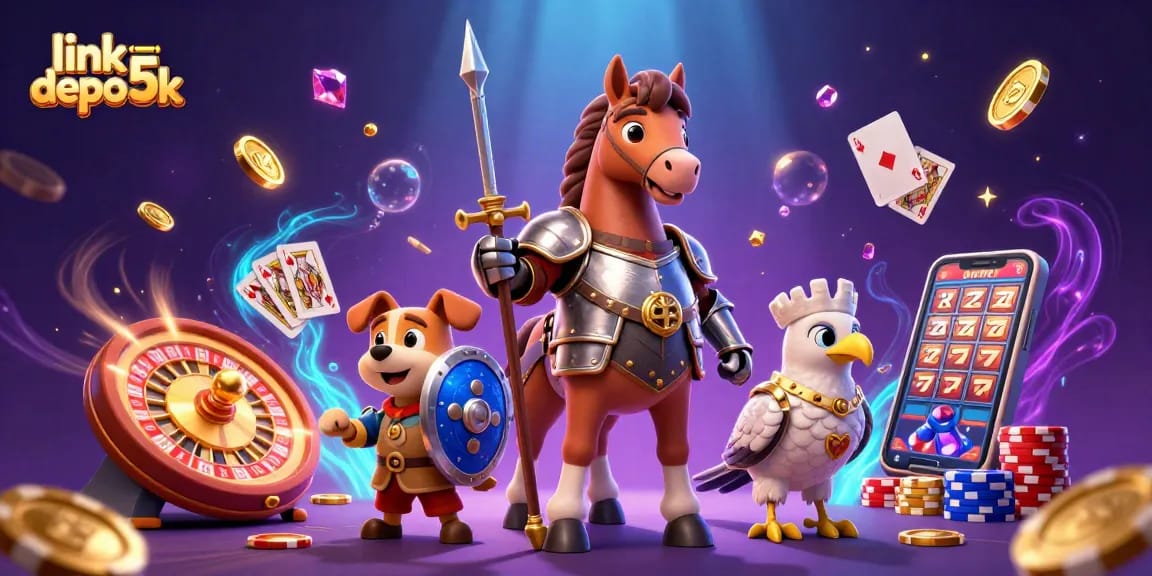 Engage in thrilling wins with link depo 5k in this vibrant medieval casino scene featuring epic characters.