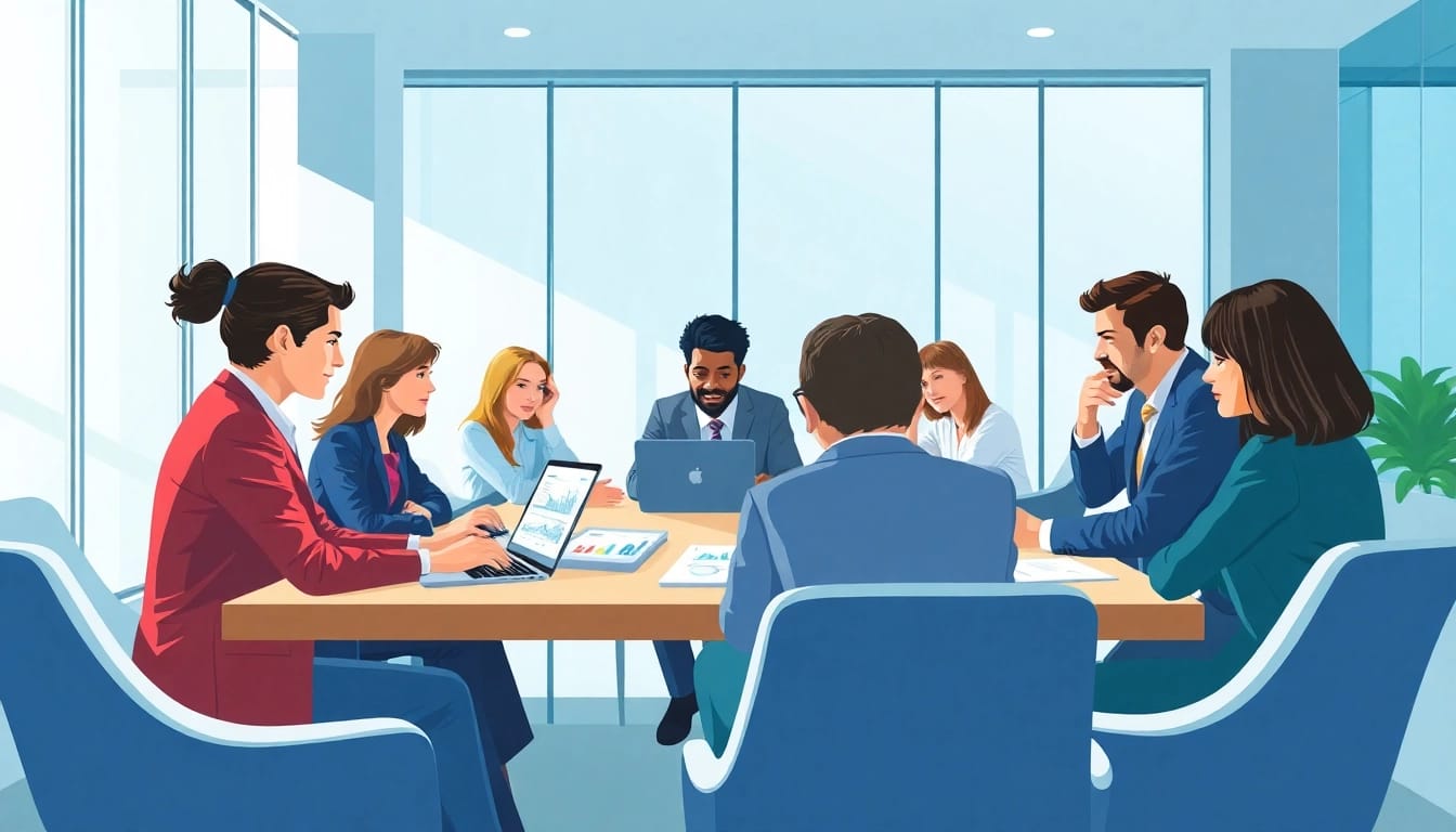 Analyzing competitor pricing strategies with business professionals collaborating effectively