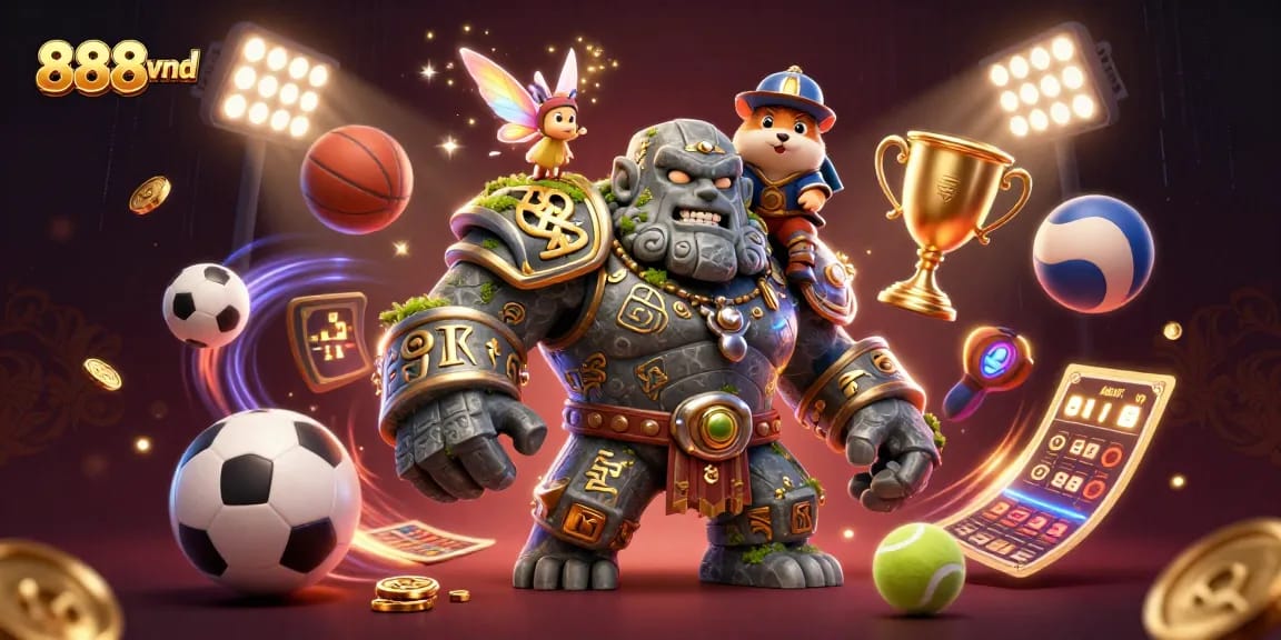 Experience 888vnd's thrilling casino action with a mystical golem, fairy magic, and sports excitement.