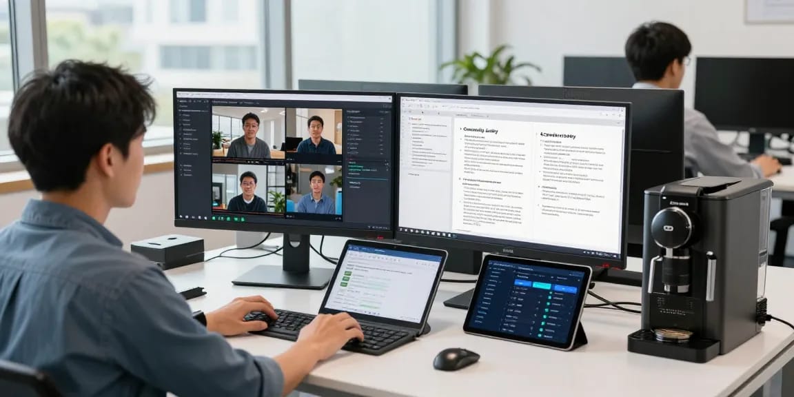 Team collaborating with an ai detector in a modern tech workspace, analyzing content moderation.